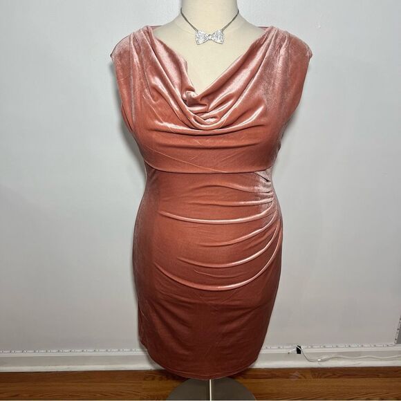 Nipon Boutique Dusty Rose Cowl Neck Ruched Side Velveteen Dress -- 16‎ - Picture 4 of 14